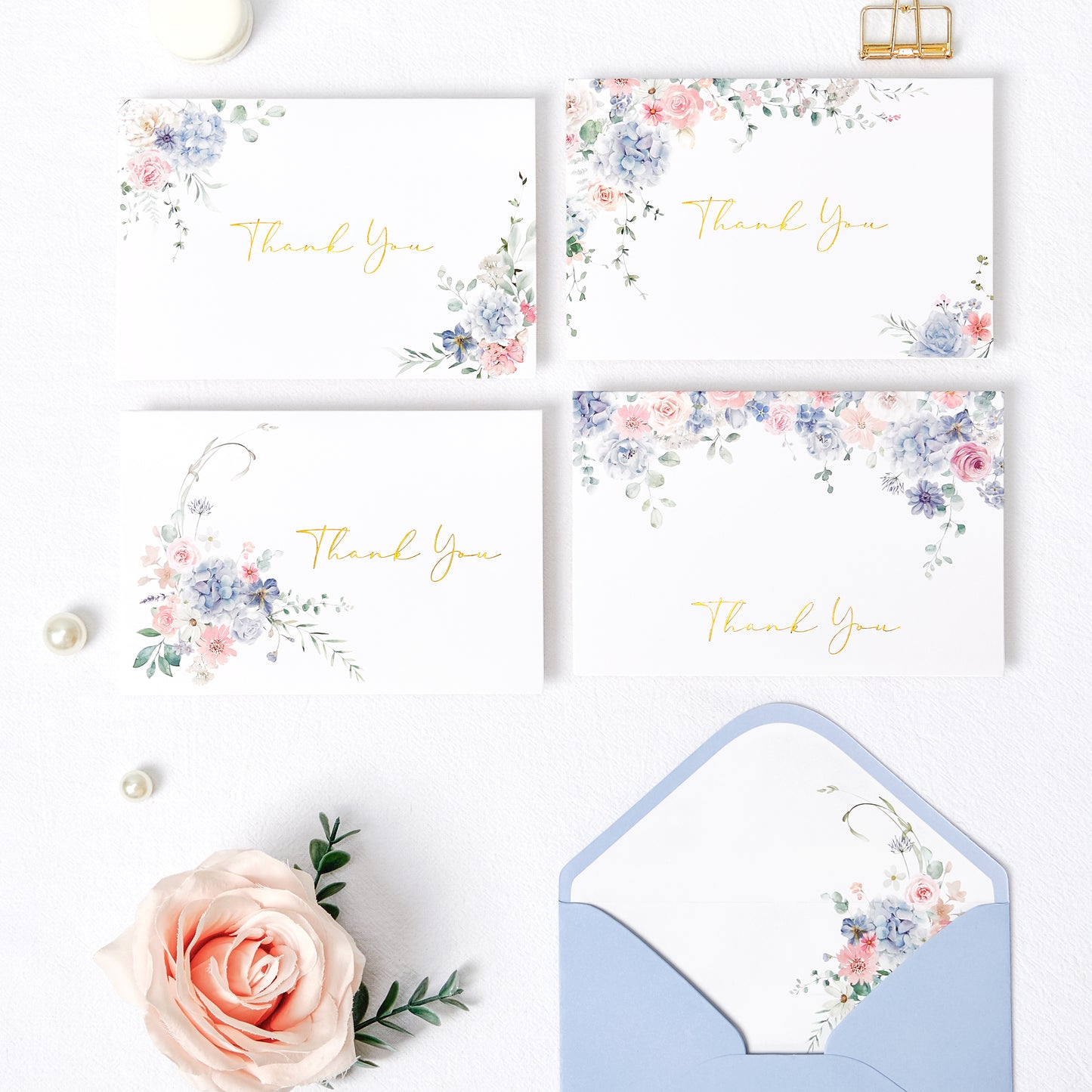 Crisky Floral Thank You Cards with Envelopes, Wildflower Hydrangea Blank Cards and Envelopes, WaterColor Blue Pink Thank You Notes for Wedding, Bridal Shower, Baby Shower Birthday, 50Pcs, 4 x 6 Inch