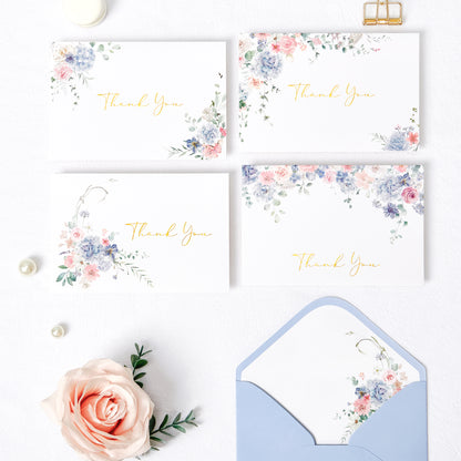 Crisky Floral Thank You Cards with Envelopes, Wildflower Hydrangea Blank Cards and Envelopes, WaterColor Blue Pink Thank You Notes for Wedding, Bridal Shower, Baby Shower Birthday, 50Pcs, 4 x 6 Inch