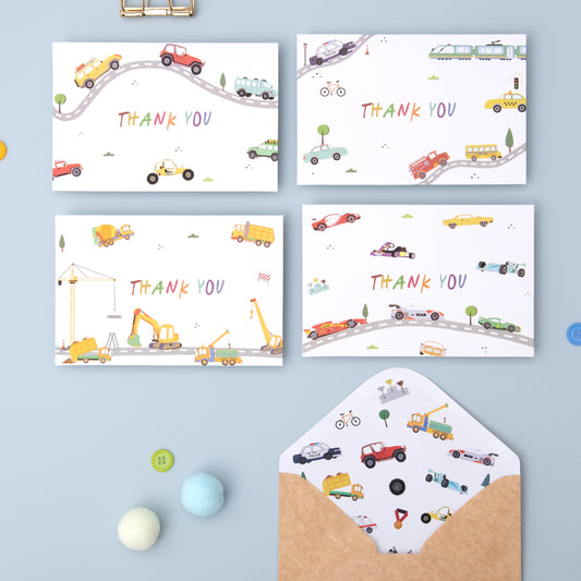 Crisky 50 Pack Kids Thank You Cards, Cute Funny Cars Thank You Cards with Envelopes and Stickers, Blank Inside for Boys, Girls Birthdays Friendsgiving, Graduations
