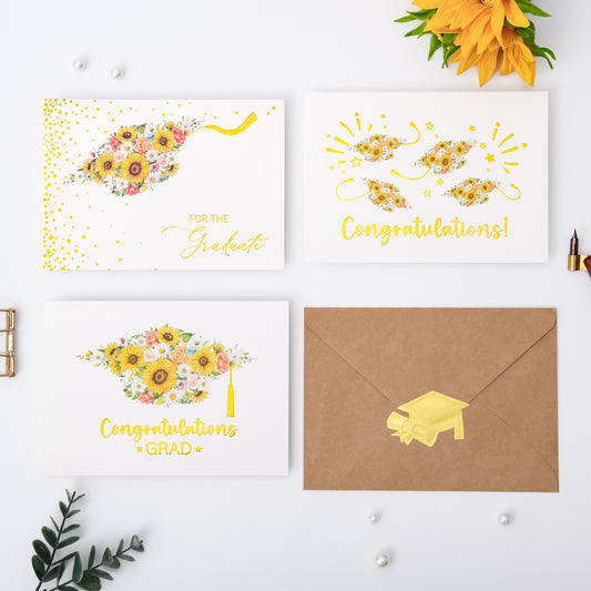 Crisky 12 Pack Happy Graduation Cards, College Graduation Card for Him or Her, 3 Assorted Flowers Grad Card(White and Gold), Congratulations Graduate Card (Flower Graduation Cap (Gold))