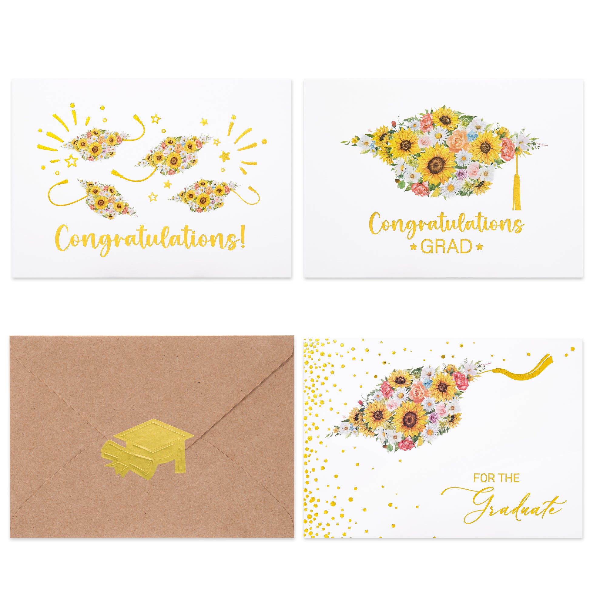 Crisky 12 Pack Happy Graduation Cards, College Graduation Card for Him or Her, 3 Assorted Flowers Grad Card(White and Gold), Congratulations Graduate