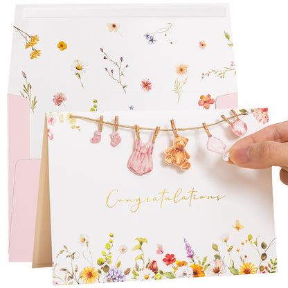 Crisky Baby Shower Card for Girls Welcome Congratulations New Baby Girl Pink Wildflower Floral Bear