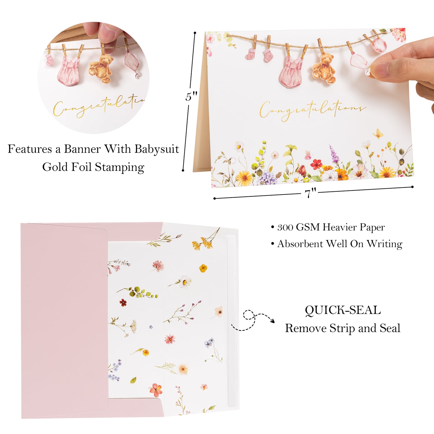 Crisky Baby Shower Card for Girls Welcome Congratulations New Baby Girl Pink Wildflower Floral Bear