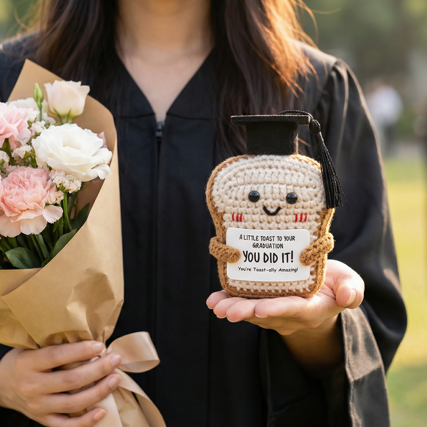Crisky Handmade Funny Graduation Gifts, Positive Crochet Toast with Little Graduation Card and Grad Caps - You are Totally Amazing - Grad Gifts for College University Masters Degree