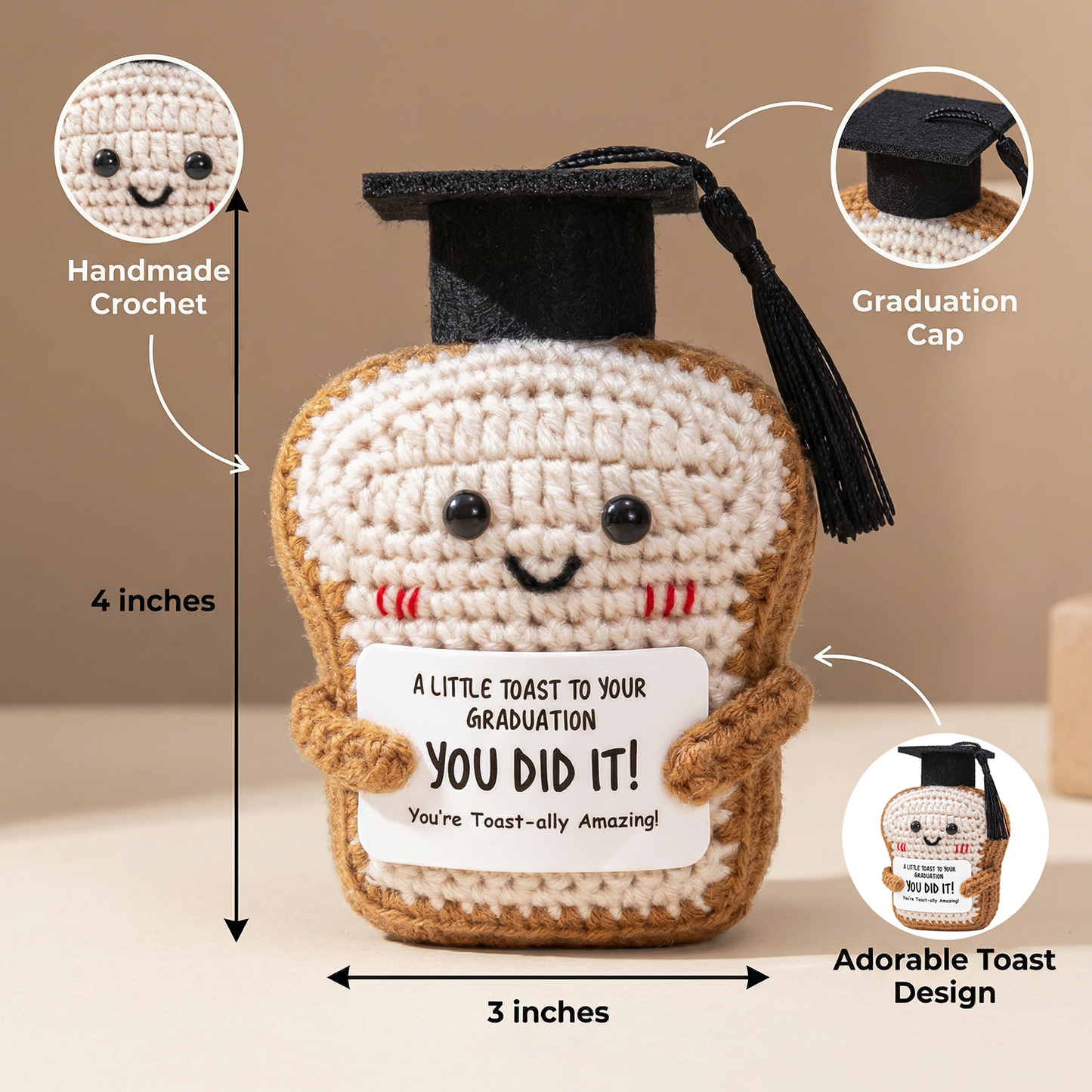 Crisky Handmade Funny Graduation Gifts, Positive Crochet Toast with Little Graduation Card and Grad Caps - You are Totally Amazing - Grad Gifts for College University Masters Degree