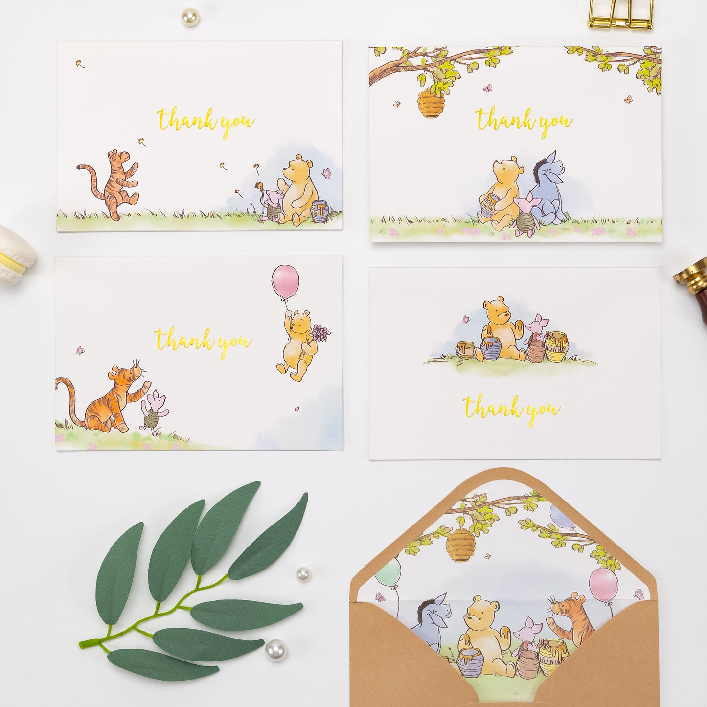 Crisky 50 Pack Winnie the Pooh Thank You Cards Blank Inside with Envelopes and Stickers for Birthdays, Baby Showers, Friendsgiving