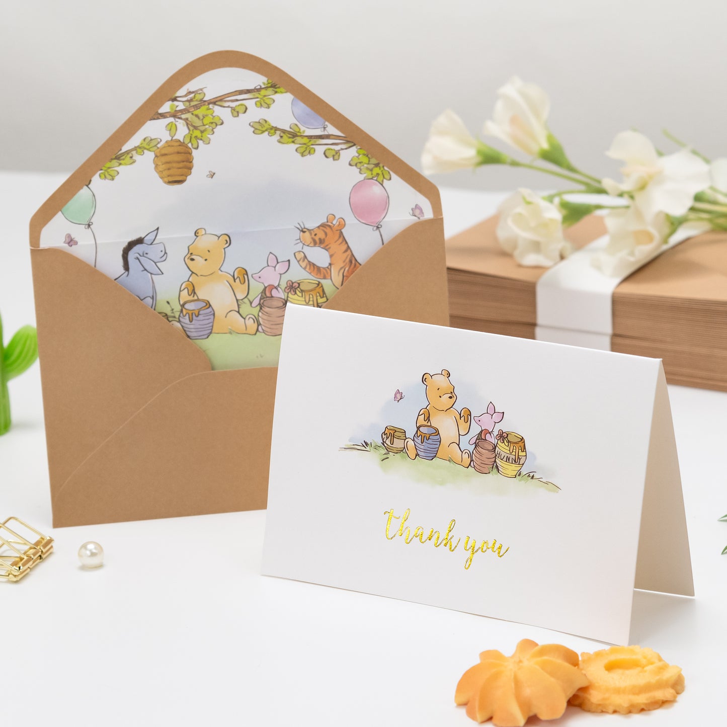 Crisky 50 Pack Winnie the Pooh Thank You Cards Blank Inside with Envelopes and Stickers for Birthdays, Baby Showers, Friendsgiving
