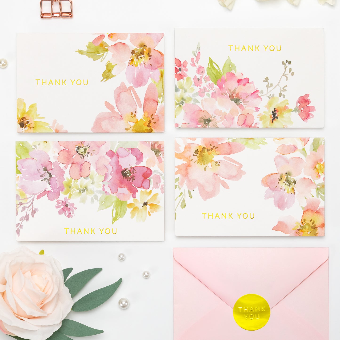 Crisky Watercolor Flower 4 Assorted Gold Foil Thank You Cards (50 Pack) with Envelopes & Stickers Printable Greeting Cards Bulk for Birthday, Baby Shower, Bridal Shower, Wedding, All Occasion