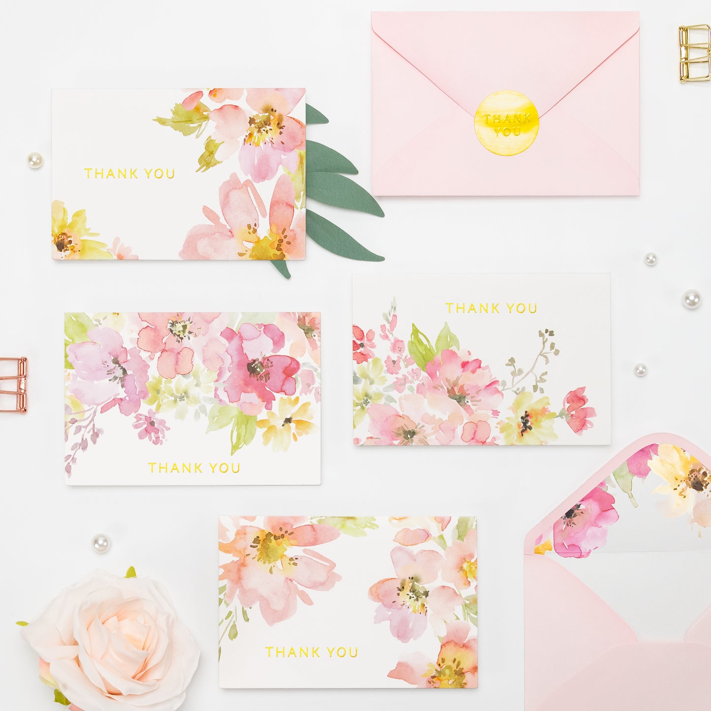 Crisky Watercolor Flower 4 Assorted Gold Foil Thank You Cards (50 Pack) with Envelopes & Stickers Printable Greeting Cards Bulk for Birthday, Baby Shower, Bridal Shower, Wedding, All Occasion