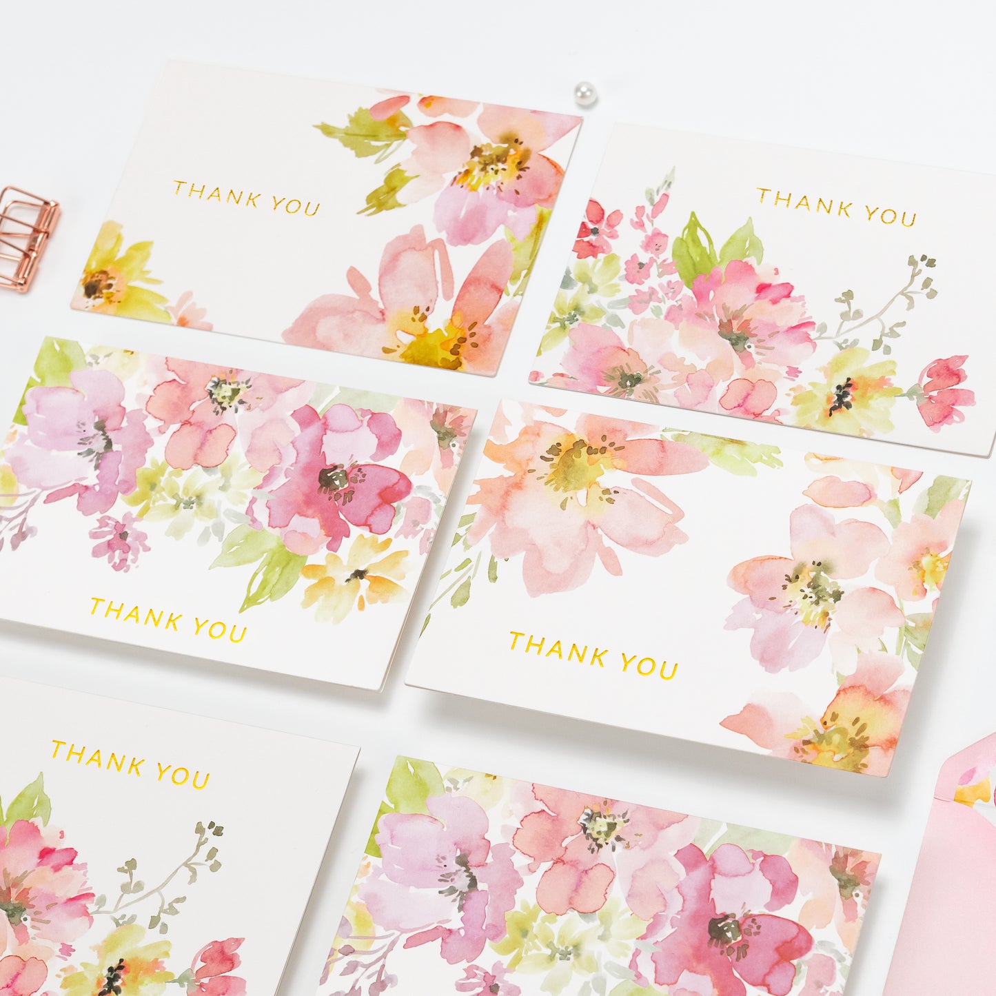 Crisky Watercolor Flower 4 Assorted Gold Foil Thank You Cards (50 Pack) with Envelopes & Stickers Printable Greeting Cards Bulk for Birthday, Baby Shower, Bridal Shower, Wedding, All Occasion