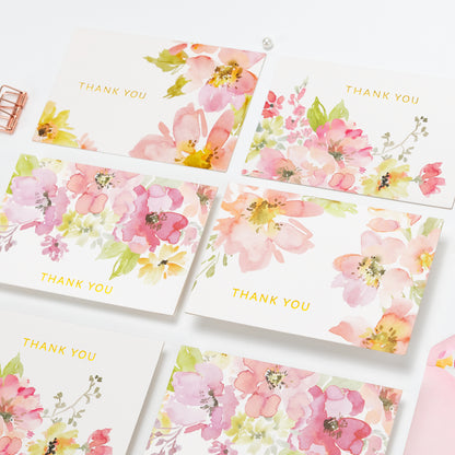Crisky Watercolor Flower 4 Assorted Gold Foil Thank You Cards (50 Pack) with Envelopes & Stickers Printable Greeting Cards Bulk for Birthday, Baby Shower, Bridal Shower, Wedding, All Occasion