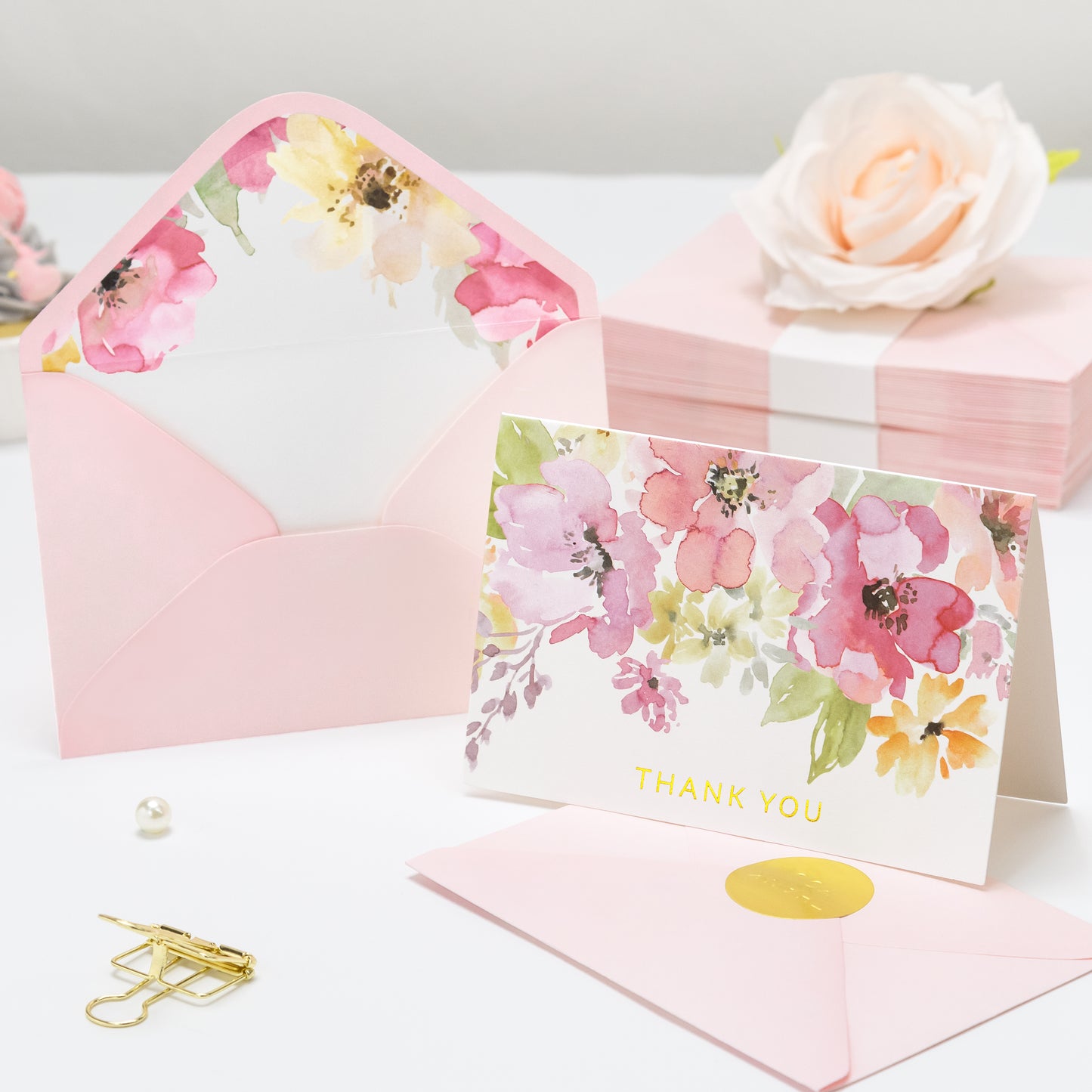 Crisky Watercolor Flower 4 Assorted Gold Foil Thank You Cards (50 Pack) with Envelopes & Stickers Printable Greeting Cards Bulk for Birthday, Baby Shower, Bridal Shower, Wedding, All Occasion