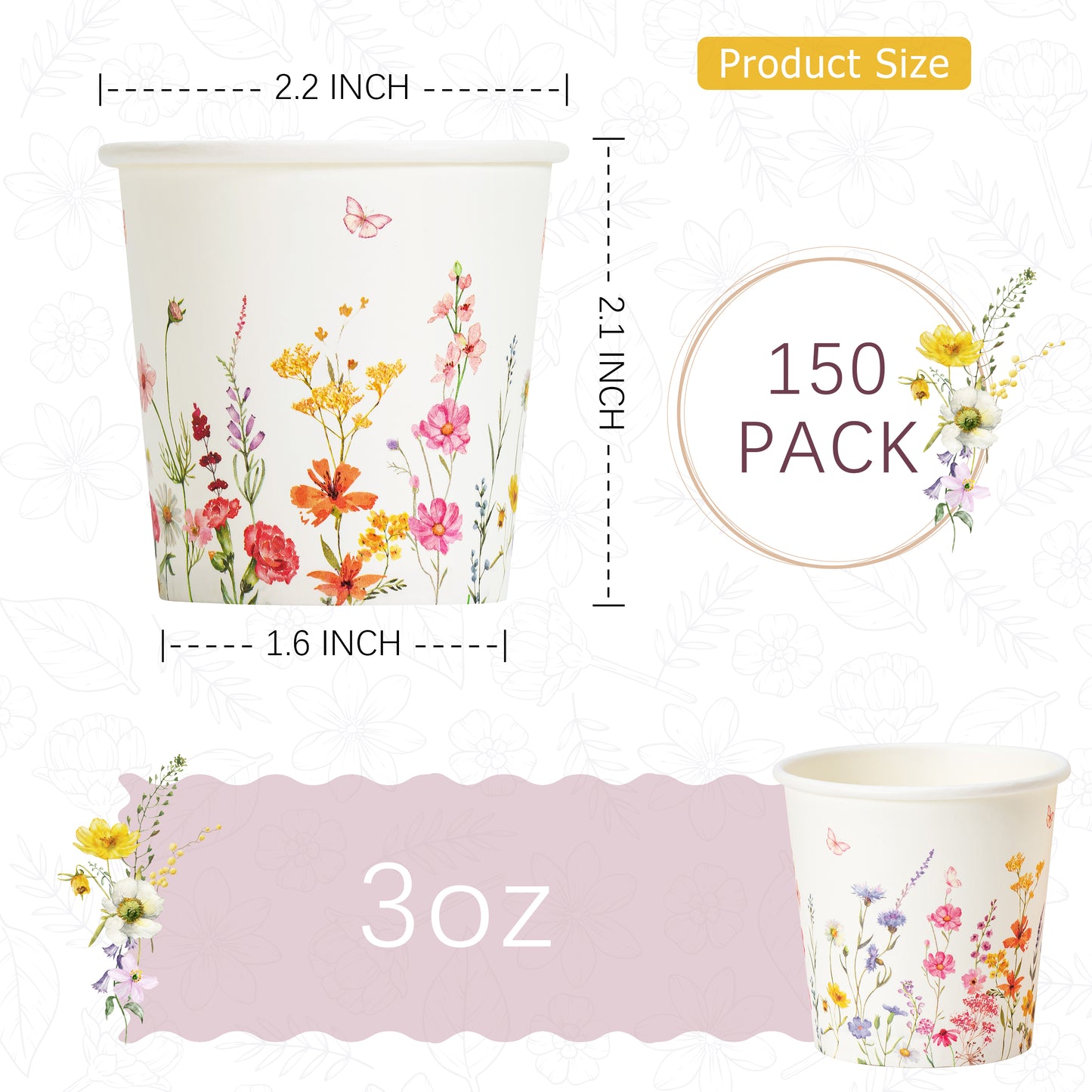 Crisky 150 Pack Paper Bathroom Cups 3oz Disposable Small Mouthwash, Elegant Floral Design, Hot/Cold Beverage Coffee, Dessert for Birthday Parties, Home-use, Picnics, Ceremonies