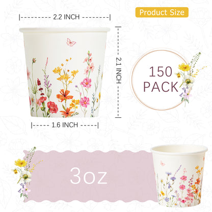 Crisky 150 Pack Paper Bathroom Cups 3oz Disposable Small Mouthwash, Elegant Floral Design, Hot/Cold Beverage Coffee, Dessert for Birthday Parties, Home-use, Picnics, Ceremonies