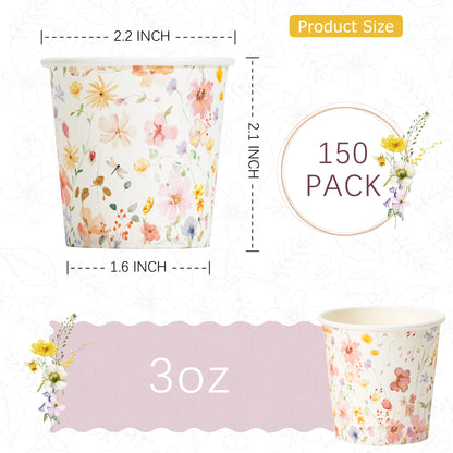 Crisky 150 Pack Paper Bathroom Cups 3oz Disposable Elegant Design Full Floral Small Mouthwash Hot/Cold Beverage Coffee Dessert for Birthday Parties Home-use Picnics Ceremonies
