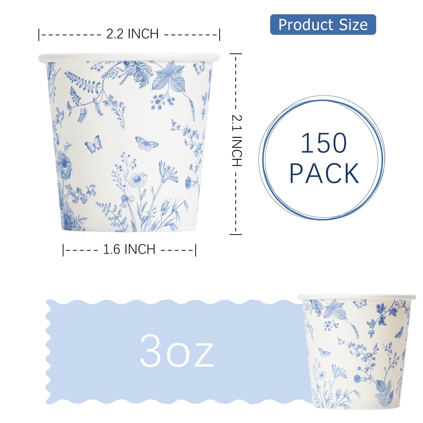 Crisky 300 Pack Paper Bathroom Cups 3oz Disposable Elegant Design Blue Floral Small Mouthwash Hot/Cold Beverage Coffee Dessert for Birthday Parties Home-use Picnics Ceremonies
