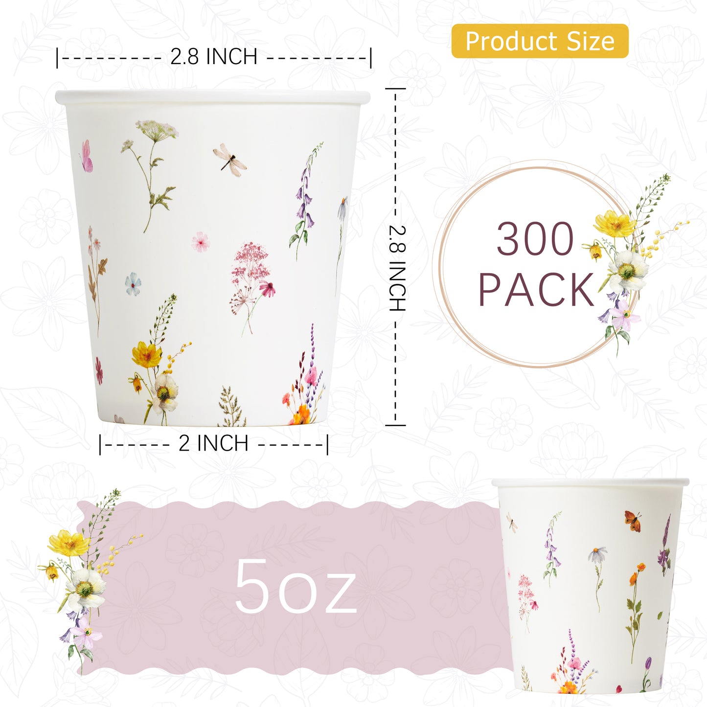 Crisky 300 Pack 5oz Paper Disposable Bathroom Cups Small Mouthwash, Elegant Floral Design, Hot/Cold Beverage Coffee, Dessert for Birthday Parties, Home-use, Picnics, Ceremonies
