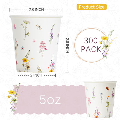 Crisky 300 Pack 5oz Paper Disposable Bathroom Cups Small Mouthwash, Elegant Floral Design, Hot/Cold Beverage Coffee, Dessert for Birthday Parties, Home-use, Picnics, Ceremonies