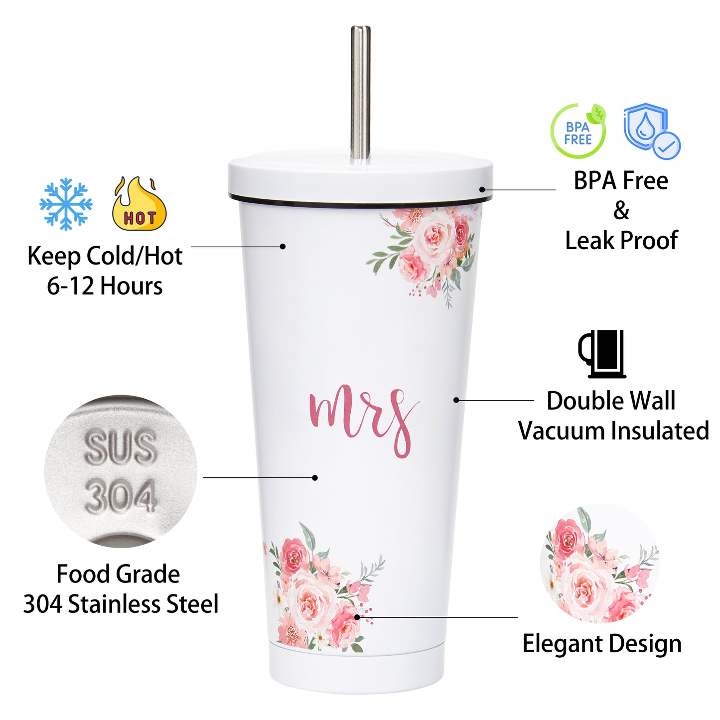 Crisky Floral Mrs Gifts Bride Cup for Wedding Engagement Bridal Shower Stainless Insulated Tumbler with Lid & Box 26 OZ