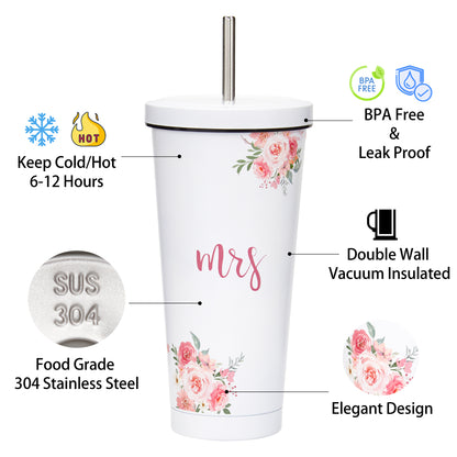 Crisky Floral Mrs Gifts Bride Cup for Wedding Engagement Bridal Shower Stainless Insulated Tumbler with Lid & Box 26 OZ