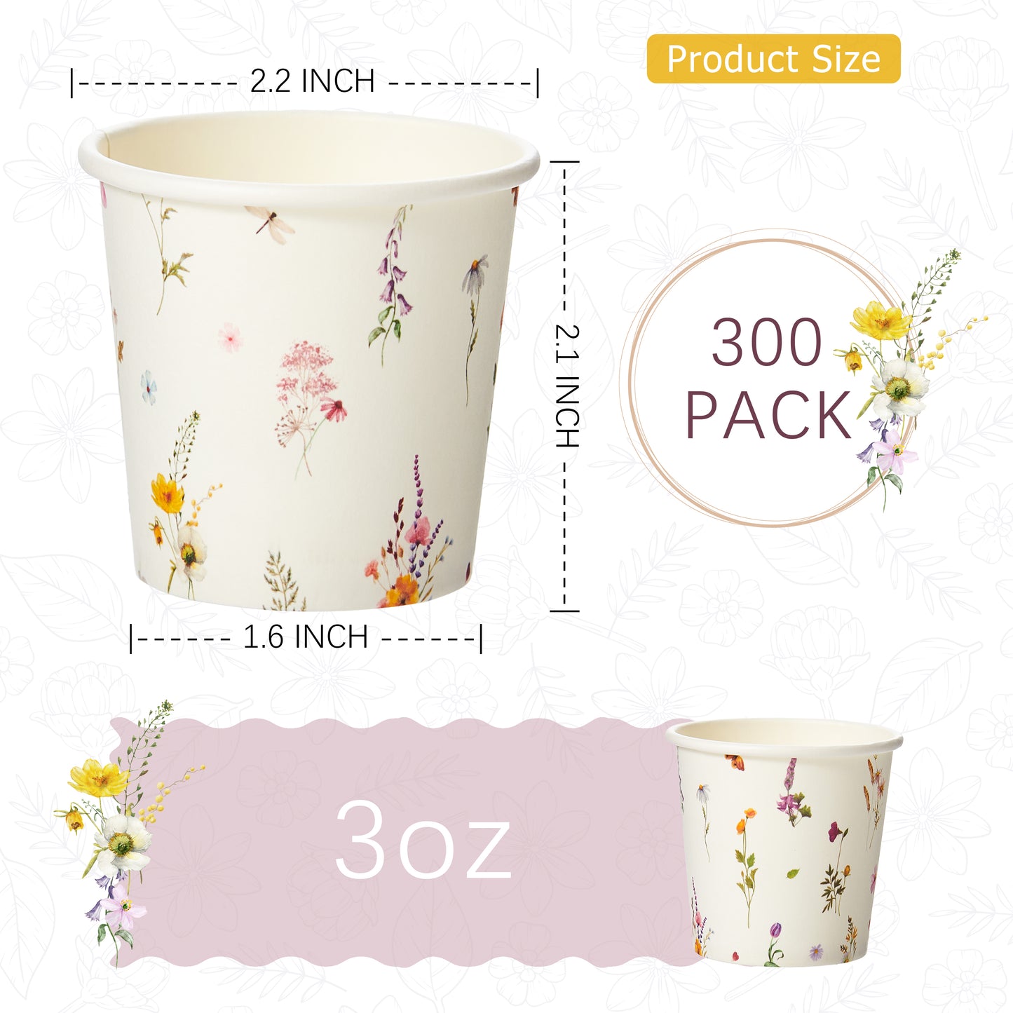 Crisky 300 Pack Paper Bathroom Cups 3oz Disposable, Eleglant Design Floral Small Mouthwash Cups, Hot/Cold Beverage Coffee, Dessert Cups for Birthday Parties, Home-use, Picnics, Ceremonies Any Events