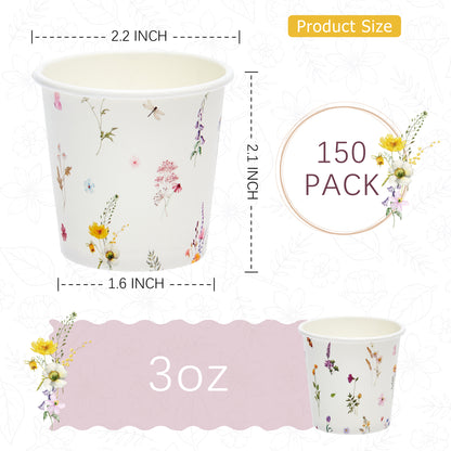 Crisky 150 Pack Paper Bathroom Cups 3oz Disposable, Elegant Design Floral Small Mouthwash Cups, Hot/Cold Beverage Coffee, Dessert for Birthday Parties, Home-use, Picnics, Ceremonies Any Events