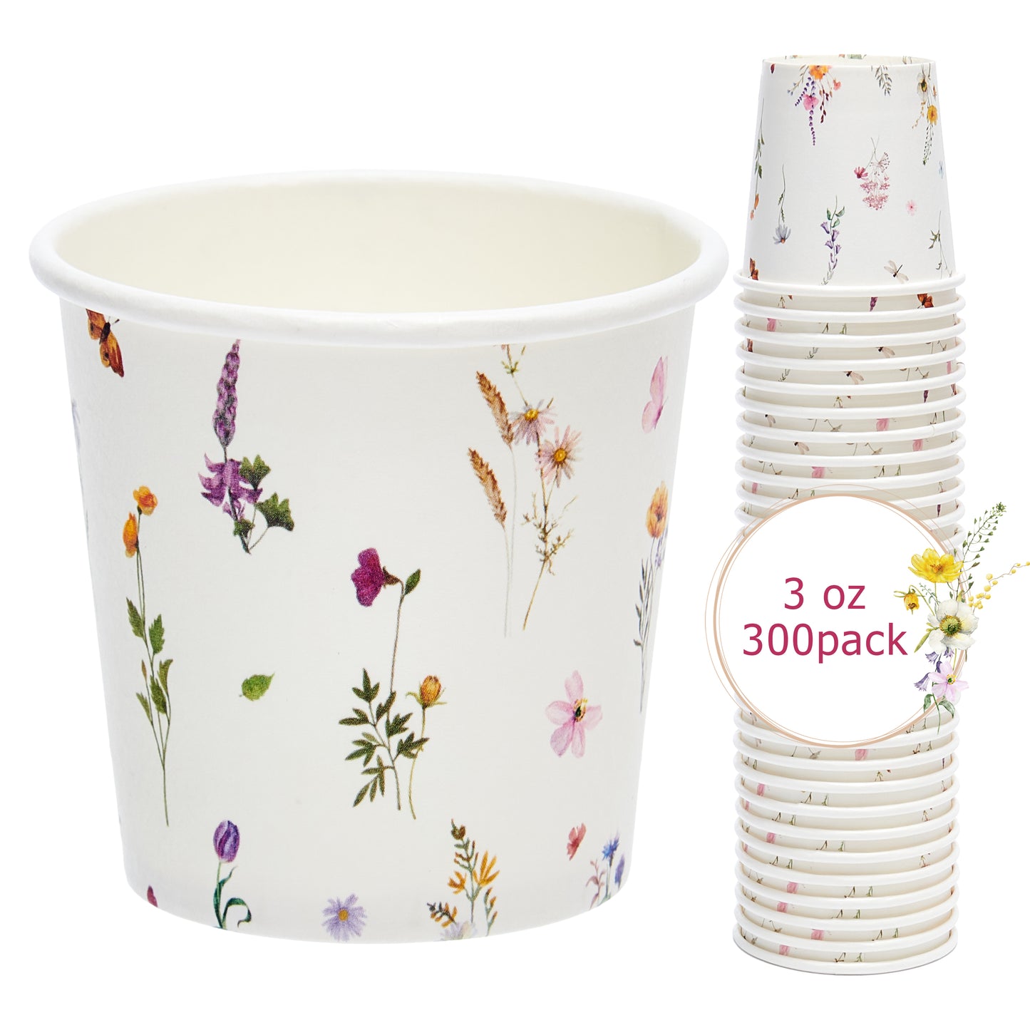 Crisky 300 Pack Paper Bathroom Cups 3oz Disposable, Eleglant Design Floral Small Mouthwash Cups, Hot/Cold Beverage Coffee, Dessert Cups for Birthday Parties, Home-use, Picnics, Ceremonies Any Events