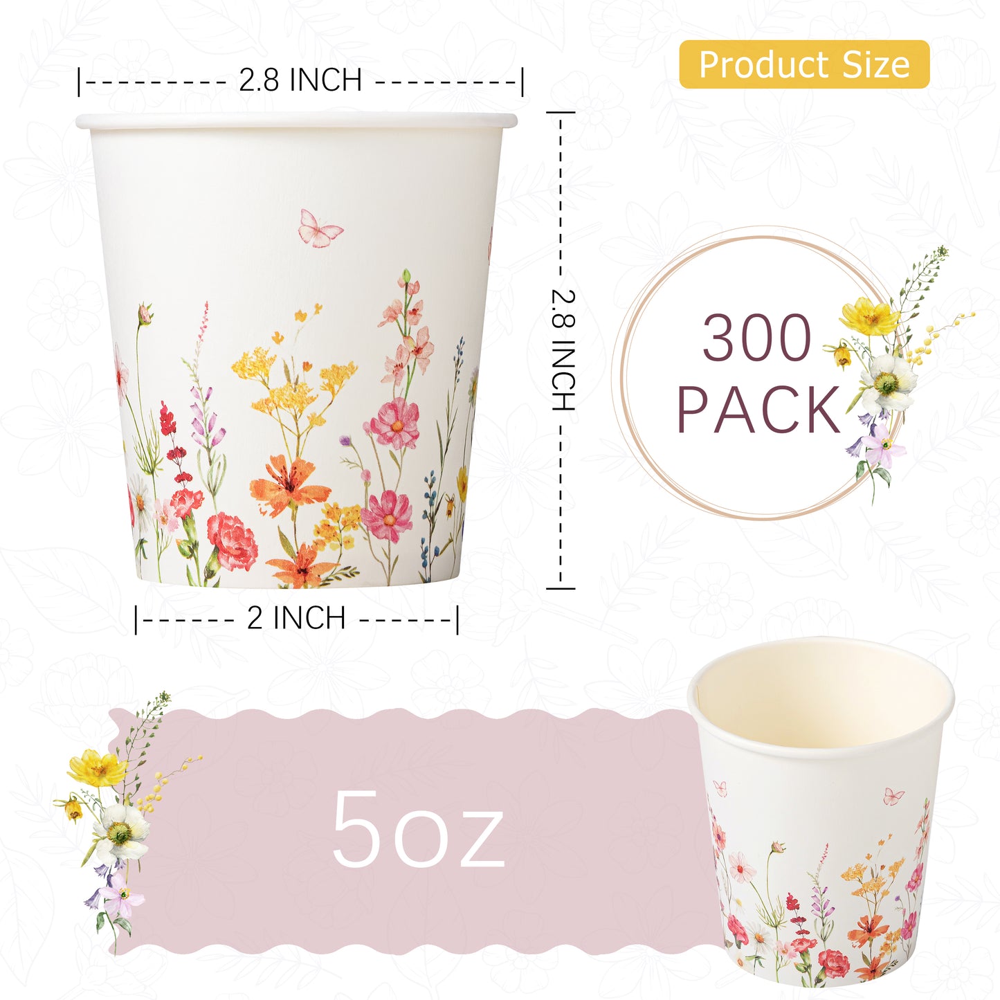 Crisky 300 Pack Paper Bathroom Cups 5oz Disposable, Elegant Design Floral Small Mouthwash Cup, Suit Hot/Cold Beverage Coffee, Dessert for Birthday Parties, Home-use, Picnics, Ceremonies