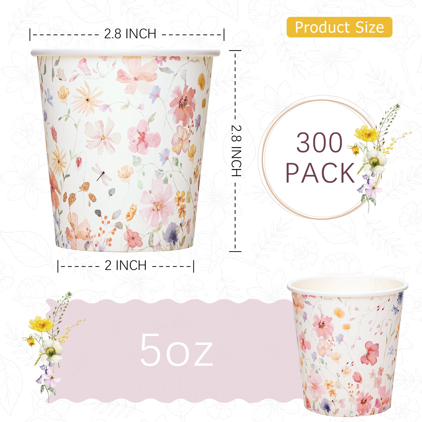 Crisky 5oz Paper Cups Dixie Cup[300 Pack], Disposable Bathroom Cups, Elegant Design Floral Small Mouthwash Cup, Hot/Cold Beverage Coffee, Dessert for Birthday Parties, Home-use, Picnics, Ceremonies