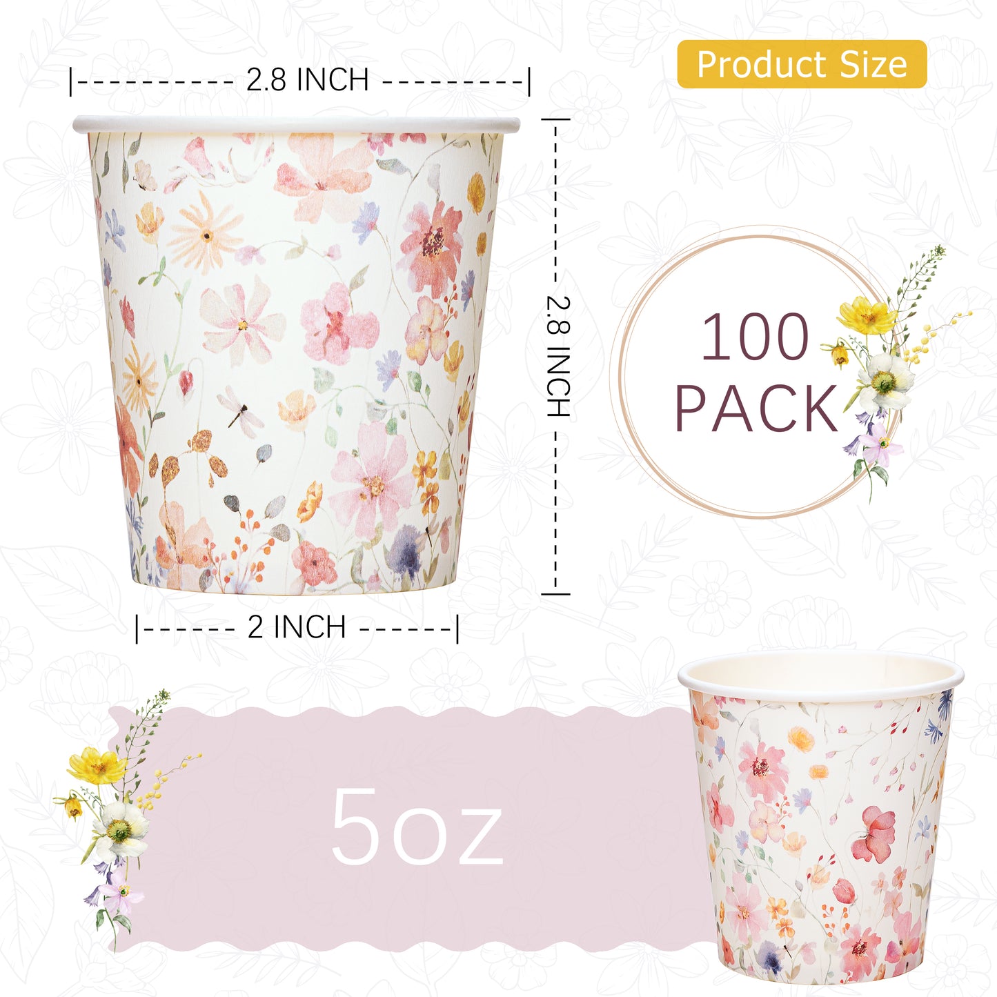Crisky 5oz Paper Cups Dixie Cup[100 Pack], Disposable Bathroom Cups, Elegant Design Floral Small Mouthwash Cup, Hot/Cold Beverage Coffee, Dessert for Birthday Parties, Home-use, Picnics, Ceremonies