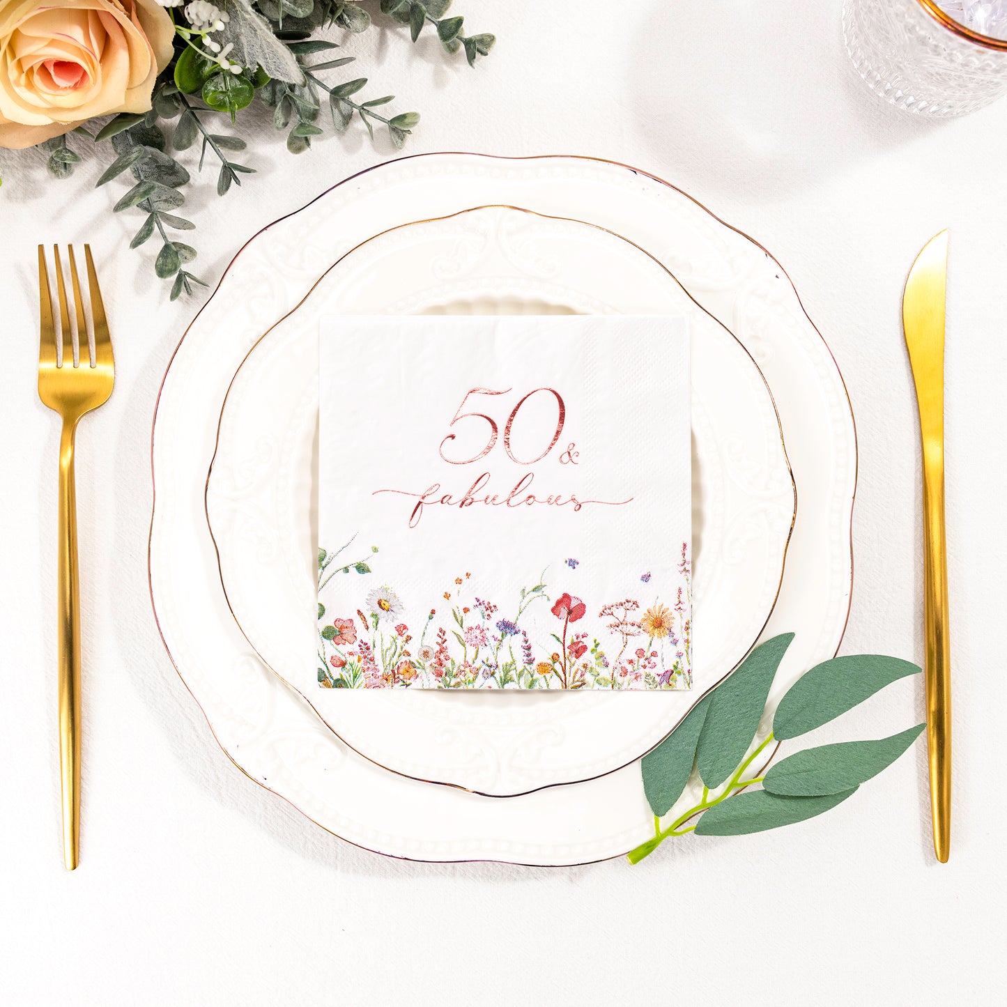 Crisky 50th Birthday Napkins for Women Rose Gold Foil 50 Fabulous Paper Disposable Napkins for Anniversary/50th Birthday Party Decoration, 3-Ply, 50 Counts