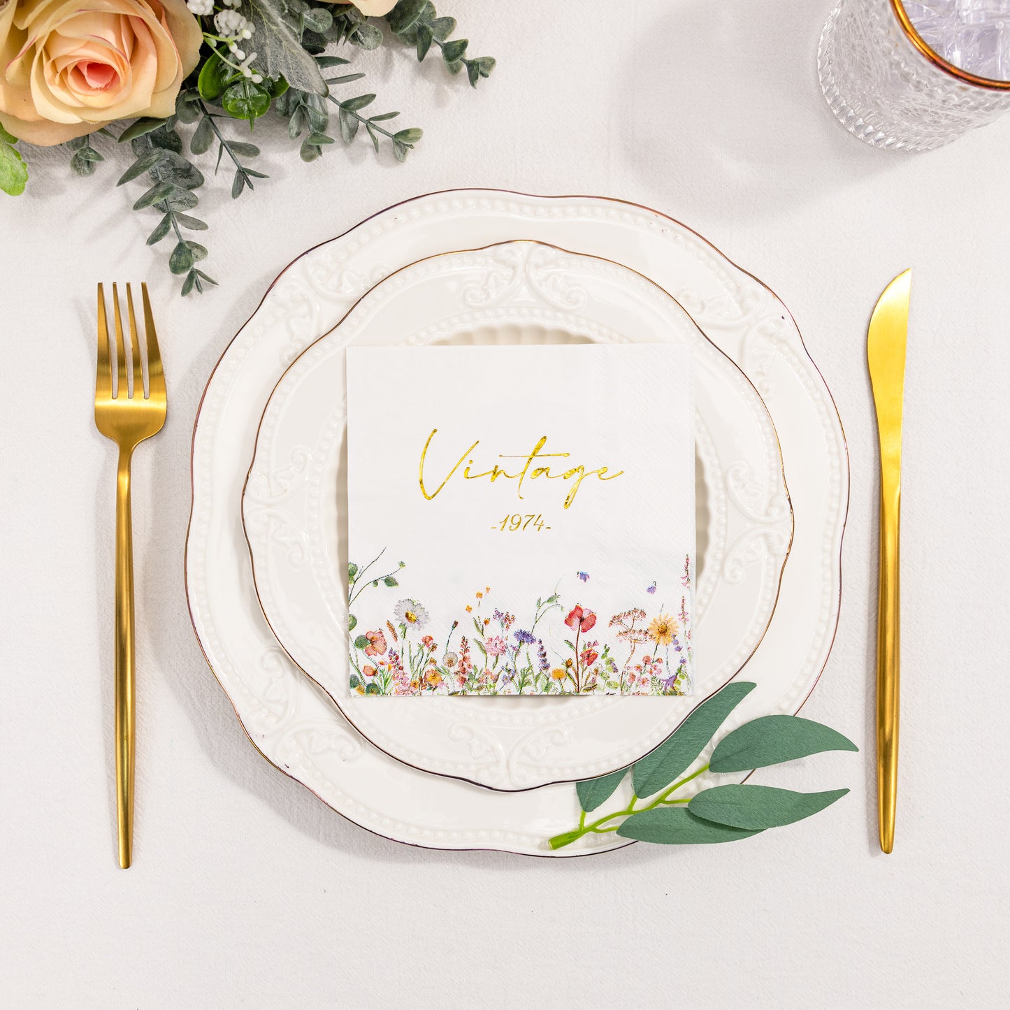 Crisky Wild Flower Cocktail Napkins Gold Foil Design Vintage 1974 Paper Disposable Napkins for Anniversary/50th Birthday Party Decoration, 3-Ply, 50 Counts