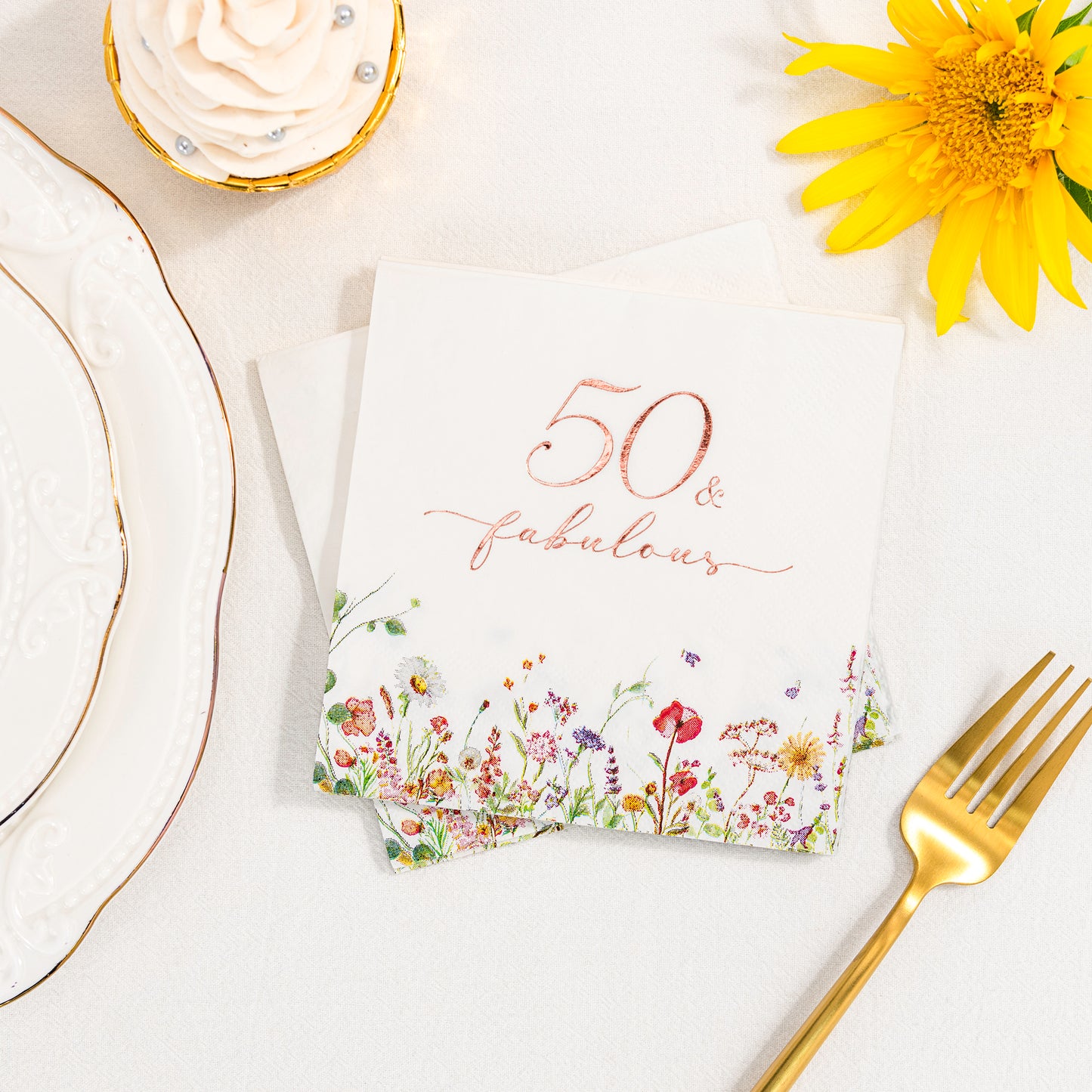 Crisky 50th Birthday Napkins for Women Rose Gold Foil 50 Fabulous Paper Disposable Napkins for Anniversary/50th Birthday Party Decoration, 3-Ply, 50 Counts
