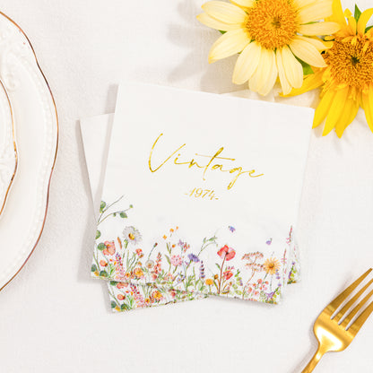Crisky Wild Flower Cocktail Napkins Gold Foil Design Vintage 1974 Paper Disposable Napkins for Anniversary/50th Birthday Party Decoration, 3-Ply, 50 Counts