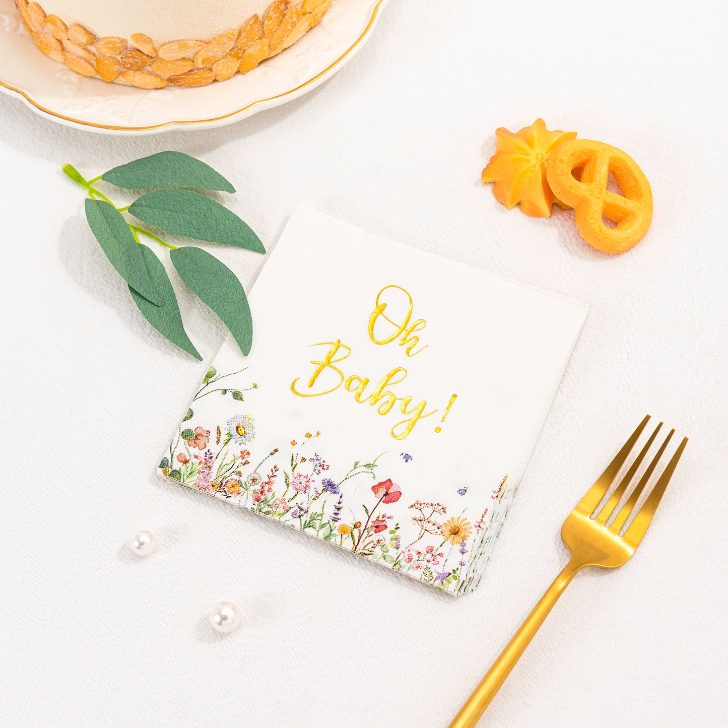 Crisky Baby Shower Napkins Floral Gold Foil Oh Baby Paper Disposable Napkins for Baby Shower Party Decoration, 3-Ply, 50 Counts