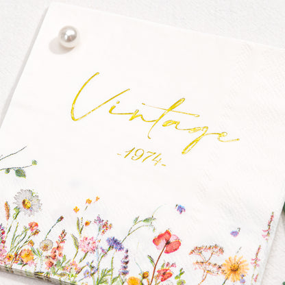 Crisky Wild Flower Cocktail Napkins Gold Foil Design Vintage 1974 Paper Disposable Napkins for Anniversary/50th Birthday Party Decoration, 3-Ply, 50 Counts