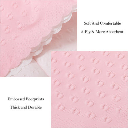 Crisky 3-Ply Baby Shower Napkins for Girl, 50 Pack Embossed Footprints Pink Napkins for Girl Baby Shower Decorations, Disposable Paper Cocktail Napkin, and Not Easily Torn