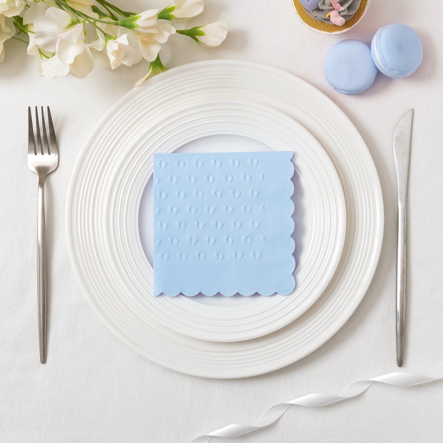 Crisky 3 Ply Baby Shower Napkins for Boy, 50 Pack Embossed Footprints Blue Napkins for Dusty Blue Jean Boy Baby Shower Decorations, Disposable Paper Cocktail Napkin, and Not Easily Torn