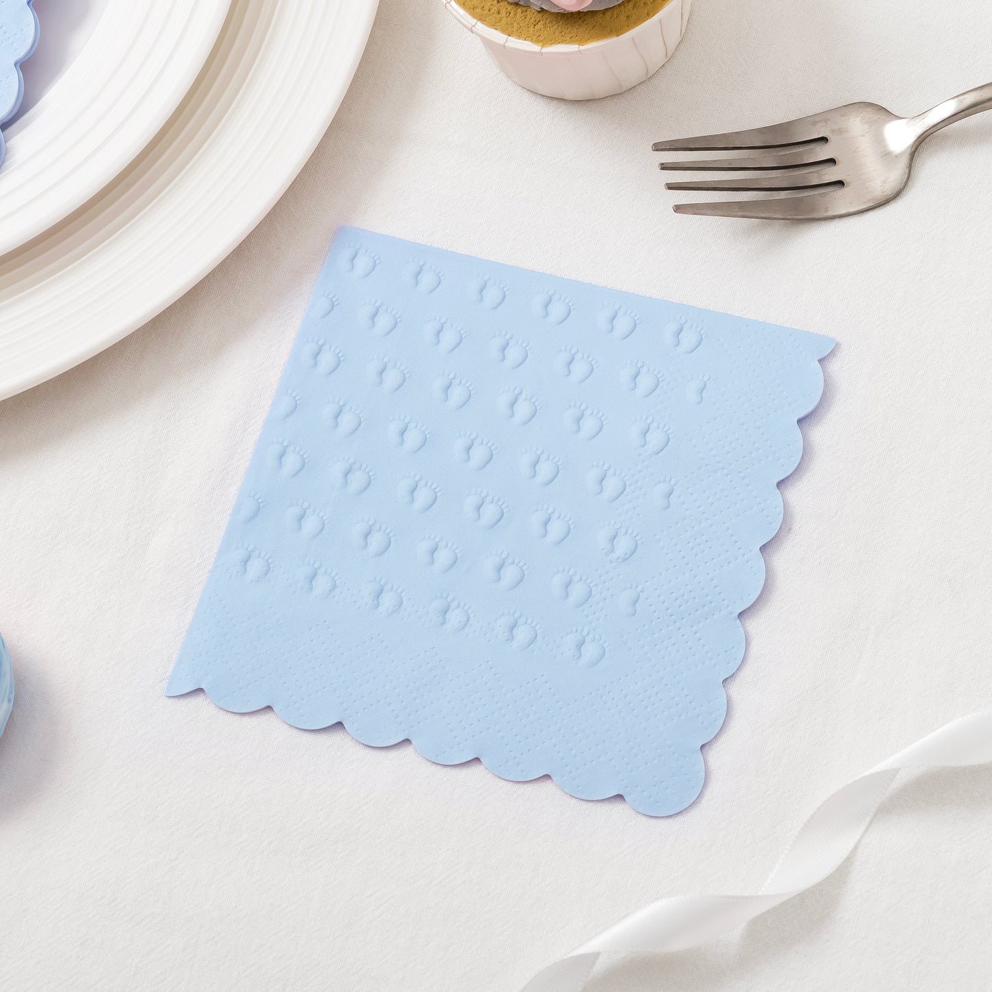 Crisky 3 Ply Baby Shower Napkins for Boy, 50 Pack Embossed Footprints Blue Napkins for Dusty Blue Jean Boy Baby Shower Decorations, Disposable Paper Cocktail Napkin, and Not Easily Torn