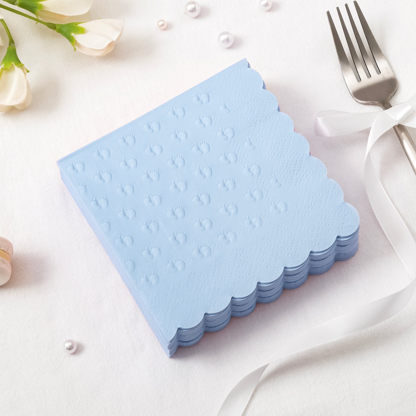 Crisky 3 Ply Baby Shower Napkins for Boy, 50 Pack Embossed Footprints Blue Napkins for Dusty Blue Jean Boy Baby Shower Decorations, Disposable Paper Cocktail Napkin, and Not Easily Torn