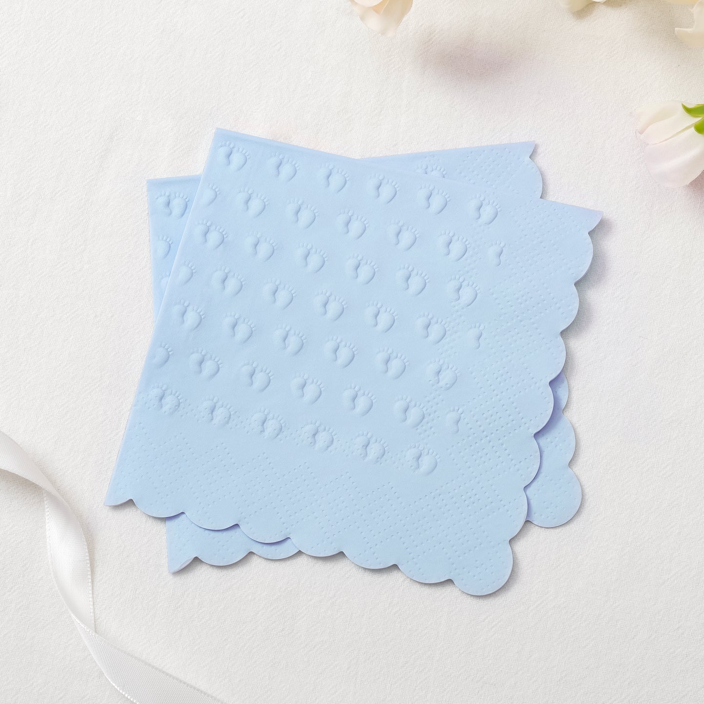 Crisky 3 Ply Baby Shower Napkins for Boy, 50 Pack Embossed Footprints Blue Napkins for Dusty Blue Jean Boy Baby Shower Decorations, Disposable Paper Cocktail Napkin, and Not Easily Torn