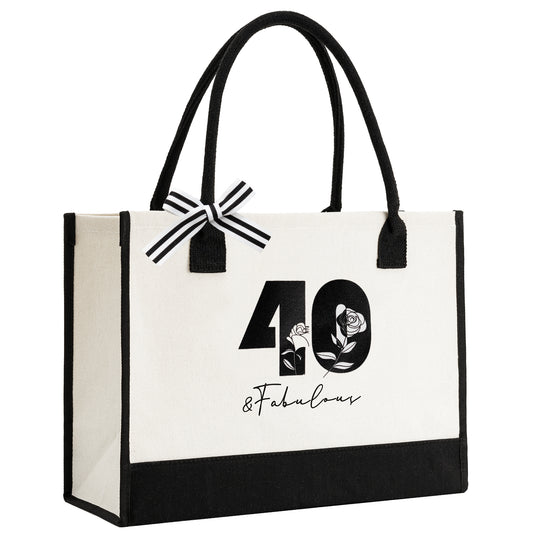 Crisky 40th Birthday Gifts for Women Canvas Tote Bag 40 & Fabulous Beach Bag for Wife/Sister/Mom/Aunt/Friends 40th Birthday Gifts,17" x 12" x 7"
