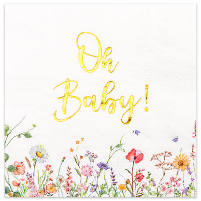 Crisky Baby Shower Napkins Floral Gold Foil Oh Baby Paper Disposable Napkins for Baby Shower Party Decoration, 3-Ply, 50 Counts
