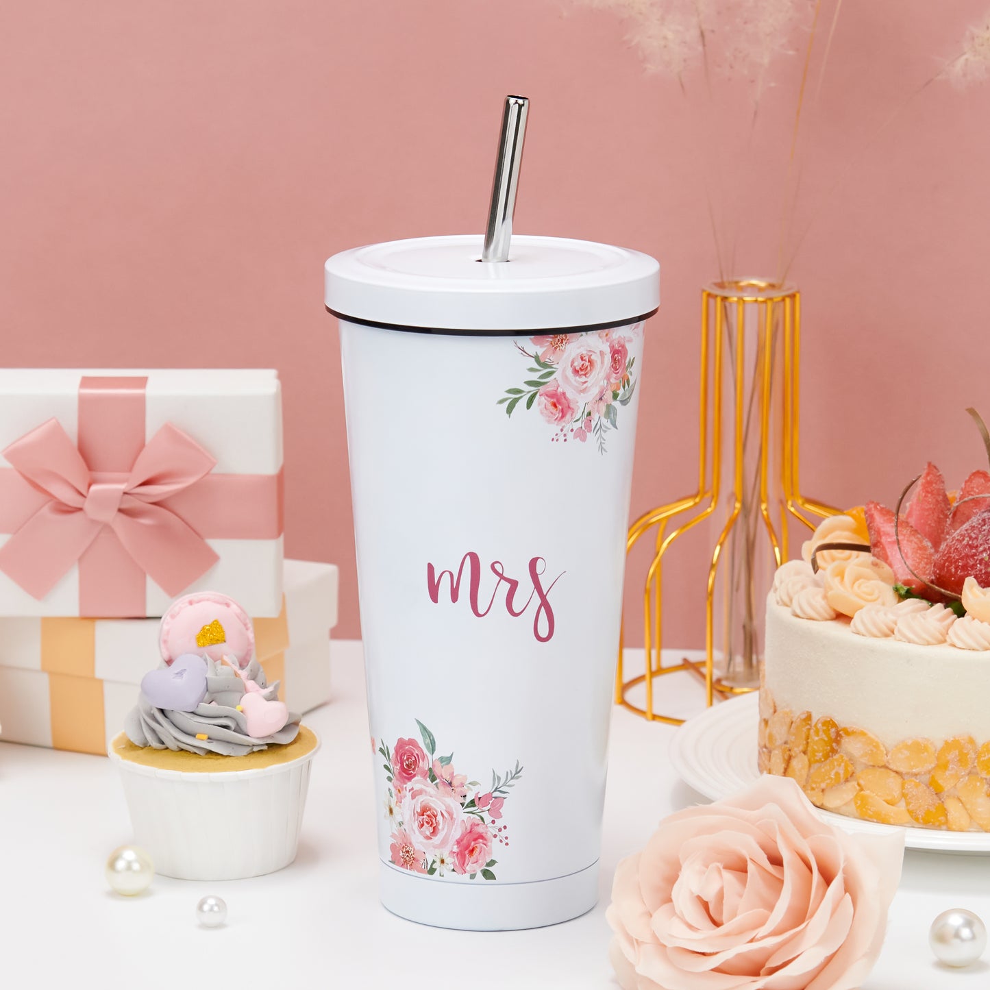 Crisky Floral Mrs Gifts Bride Cup for Wedding Engagement Bridal Shower Stainless Insulated Tumbler with Lid & Box 26 OZ
