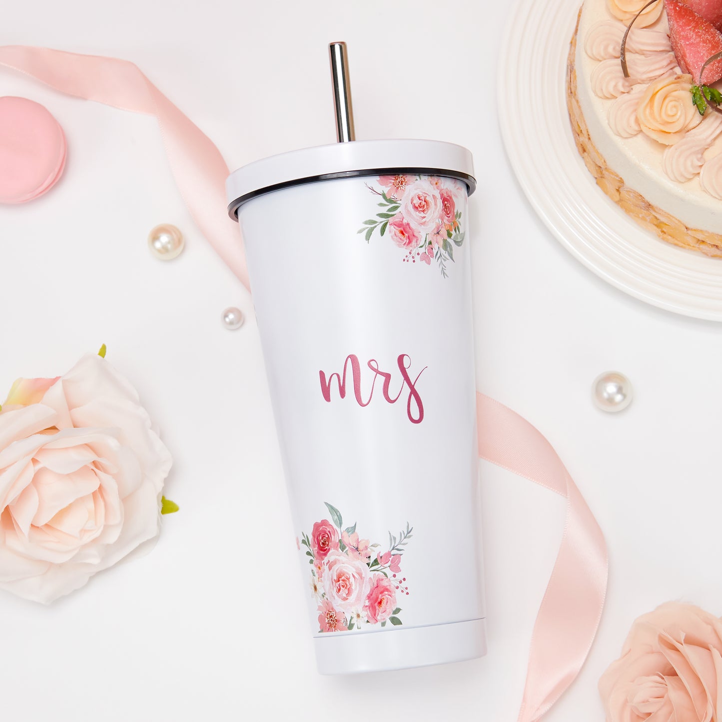 Crisky Floral Mrs Gifts Bride Cup for Wedding Engagement Bridal Shower Stainless Insulated Tumbler with Lid & Box 26 OZ