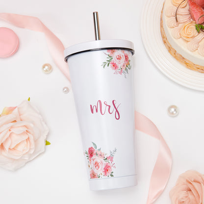 Crisky Floral Mrs Gifts Bride Cup for Wedding Engagement Bridal Shower Stainless Insulated Tumbler with Lid & Box 26 OZ