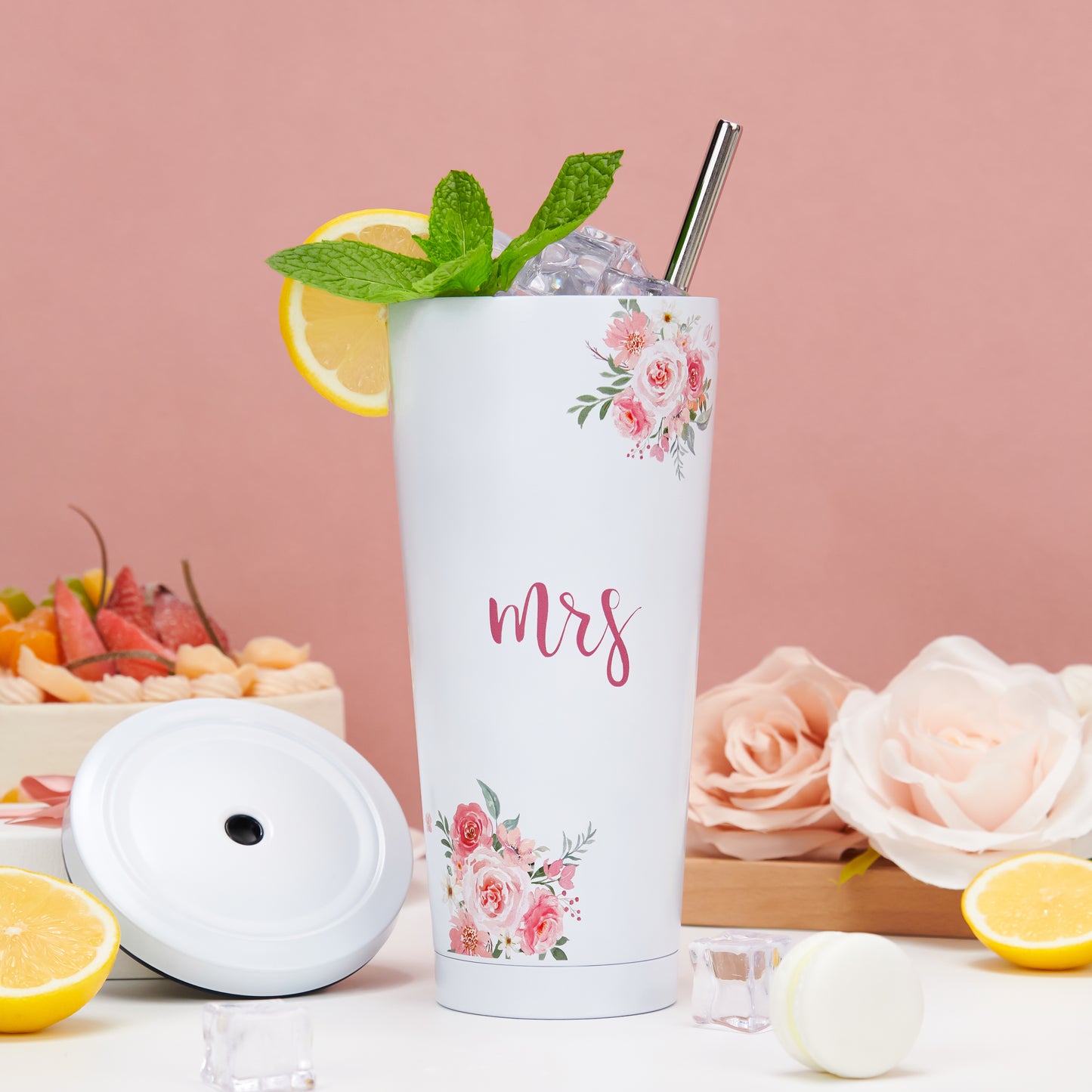 Crisky Floral Mrs Gifts Bride Cup for Wedding Engagement Bridal Shower Stainless Insulated Tumbler with Lid & Box 26 OZ