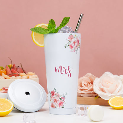 Crisky Floral Mrs Gifts Bride Cup for Wedding Engagement Bridal Shower Stainless Insulated Tumbler with Lid & Box 26 OZ