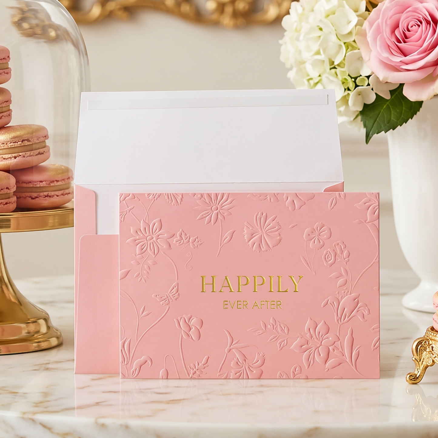 Crisky 13" Embossed Wedding Gift Bag with Pearl Handles, Large Pink Bridal Shower Gift Bag with Greeting Card Tissue Paper Envelopes (Happily Ever After) for Bride, Women, Friends Engagement Party