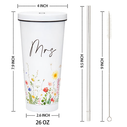 Crisky Wildflower Mrs Gifs Bride Cup for Wedding Engagement Bridal Shower Stainless Insulated Tumbler with Lid & Box 26 OZ